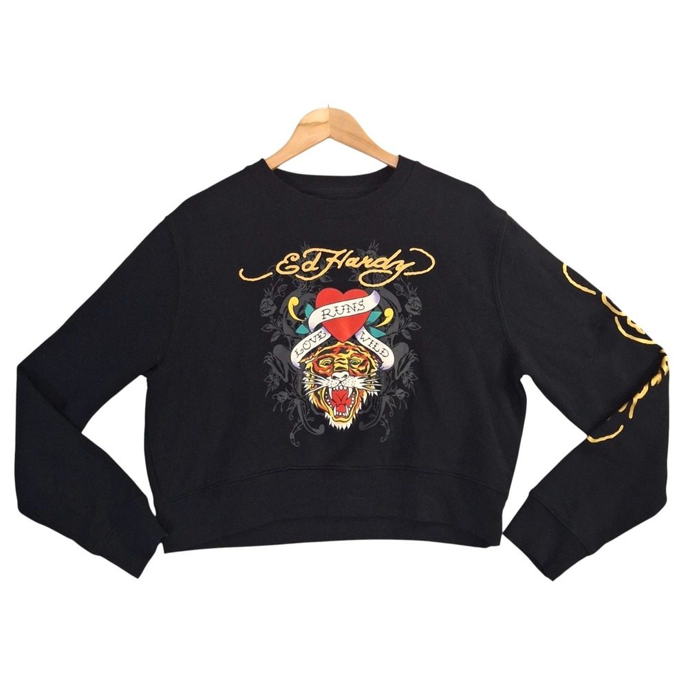 Ed Hardy Womens Sweatshirt Large Black Love Runs Wild Tiger Cropped